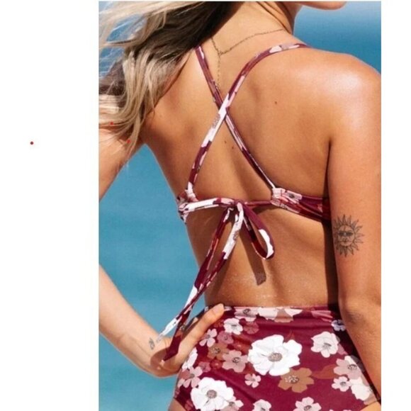 CUPSHE Women's M One-Piece Swimsuit Burgundy Floral NWT - Picture 2 of 16